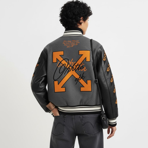 Wholesale Custom Men's Y2K Varsity <b>Jacket</b> Heavyweight Wool Blend <b>Grey</b> Bomber Orange Chenille Patches Leather Sleeves - Product Image 3