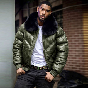 <b>Men's</b> Black PU Puffer <b>Jacket</b> With Fur Collar Zipper Closure Winter Thick Windproof Moto Style <b>Short</b> Length - Product Image 3