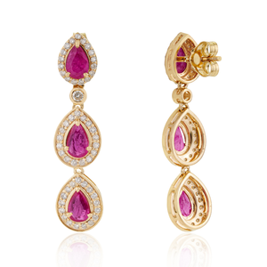 Pendientes Colgantes con Diseño Exquisito en Oro Amarillo K14 Sólido, con Rubí 100% Genuino y Halo de Diamantes en Forma de Lágrima, Joyería para Bodas - Product Image 5