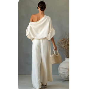 Womens Minimalist One Shoulder <b>Linen</b> CoOrd <b>Set</b> Relaxed Top & Harem Pants - Product Image 2