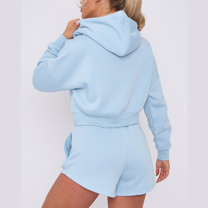 Conjunto Deportivo de Dos Piezas para Mujer, Sudadera con Capucha Azul Claro y Pantalones Cortos de Felpa, Estilo Casual, Holgado, Color Sólido, para Primavera/Verano - Product Image 2
