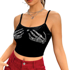 Trendy Custom Street style Women <b>Rhinestones</b> Skeleton-Hand Crop Custom Soft Cotton Spaghetti Strap Streetwear <b>Top</b> women's shirt - Product Image 3