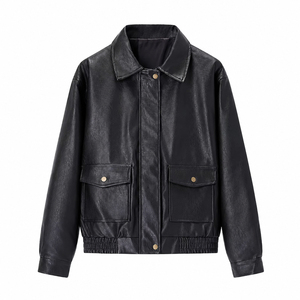 Beige <b>Real</b> <b>Leather</b> Bomber <b>Jacket</b> Full Sleeve Turn-down Collar Single Button Autumn Style Women's <b>Jacket</b> - Product Image 3