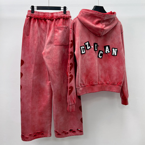 Ensemble de survêtement délavé à l'acide avec sweat à capuche zippé et pantalon, imprimé cœur rouge, unisexe, streetwear, pour l'automne, coupe classique, respirant, en polyester - Product Image 4