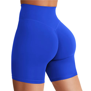 High <b>Waist</b> Blue Solid Color Knitted <b>Women's</b> Yoga <b>Shorts</b> Breathable Sporty Fit Skinny Style <b>Elastic</b> <b>Waist</b> - Product Image 3
