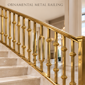 Rampe d'escalier moderne en métal doré avec balustre ovale et colliers décoratifs géométriques pour intérieurs de luxe - Product Image 3