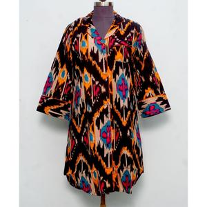 Luxury Indian Cotton Digital Printed ikat Pattern Evening Bridal V-Neck 3/4Sleeve Midi long shirt <b>Dress</b> for Women Eco-Friendly - Product Image 1