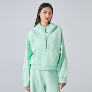 เสื้อฮู้ดกีฬาผ้ากำมะหยี่อุ่นสบายสำหรับผู้หญิง ฤดูใบไม้ร่วง ฤดูหนาว แบบซิปครึ่งตัว ชุดโยคะ ยืดได้สี่ทิศทาง เสื้อฮู้ดออกกำลังกาย - Product Image 5