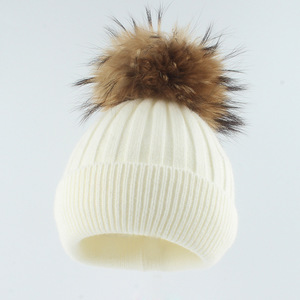 For Ribbed Beanie <b>Hat</b> with Brown Fur <b>Pom</b> <b>Pom</b> Unisex Adult Winter Casual Style Hand Knitted 100% Acrylic Outdoor - Product Image 1