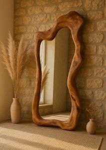 Miroir sur pied moderne ondulé pleine longueur avec cadre en bois, miroir décoratif autoportant pour la maison et la chambre - Product Image 4