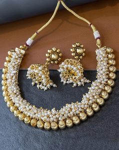 Gold Plated Zircon Necklace Earring Headpiece <b>Set</b> Imitation <b>Pearl</b> Beads Flower Design Classic Ethnic Wedding <b>Jewelry</b> Third Party - Product Image 5