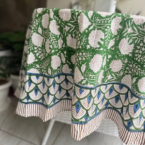 Bohemian Green Floral Hand Block Print Round <b>Tablecloth</b>, Waterproof Cotton Custom Logo Table Cloth for <b>Wedding</b> Restaurant Picnic - Product Image 3