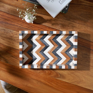 Plateau décoratif FAIZA CRAFT Art Déco personnalisé en os incrusté, motif géométrique chevron, passe au micro-ondes, pour fruits/floraux - Product Image 6