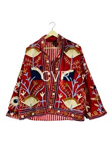 Abrigo de terciopelo bordado de estilo chino con estampado floral rojo, cuello mandarín, manga larga, talla grande, ropa exterior para mujer, ropa de otoño - Product Image 2