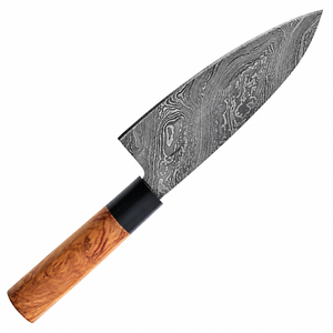 Cuchillo de Chef con Mango de Madera Color Ámbar y Patrón Damasco, con Virola Negra y Hoja Ancha Gris Plateado para Cortar Alimentos en la Cocina - Product Image 3