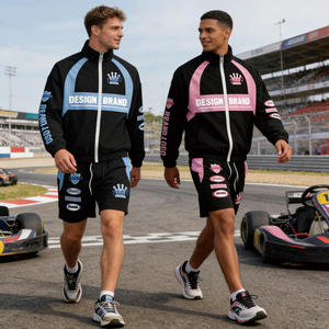Men's Contrast Panel Nylon <b>Tracksuit</b> Set Graphic Print Zip up Windbreaker Jacket Shorts Racing Streetwear Wholesale - Product Image 4