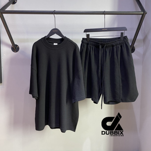 DUBBIX Men's <b>Waffle</b> Knit Crew Neck T-<b>Shirt</b> & Shorts Set Breathable Solid Black Casual Streetwear Summer Outfit 280GSM 2026 - Product Image 1