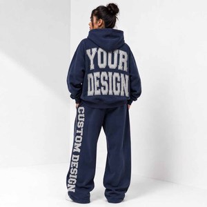 <b>Women</b> Fleece 100% Cotton Tracksuit <b>Set</b> Hooded Drawstring Sweatshirt Jogger Pants Solid Color Embossed Logo Casual Winter Adult - Product Image 2