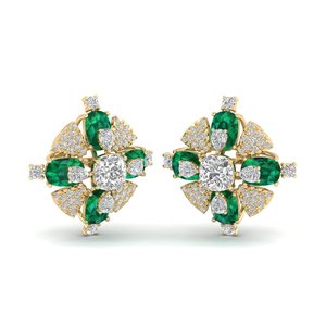 REYES 14K Gold Classic Vintage <b>Stud</b> <b>Earrings</b> Women Fine Jewelry 24.6 Carat <b>Emerald</b> Gemstone Cushion Square Cut Pearl Main Stone - Product Image 6