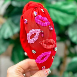 Lightweight and durable Fashion Beaded Lip Design <b>Headband</b> for Women Valentine Day Handmade Crystal Embellished Wide Hairband - Product Image 1