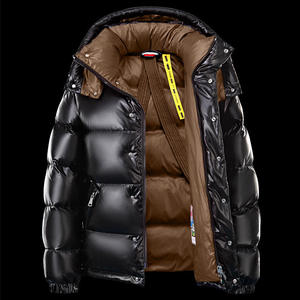 Men's Black Pu Puffer <b>Jacket</b> With Hood Windproof Zipper Closure Casual Winter Wear Solid Color Thick Down Filling Regular Fit - Product Image 2