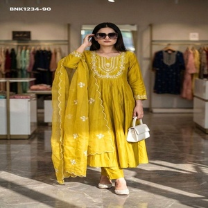 Última Colección, Nueva Variedad de Conjuntos de Kurti-Pant y Dupatta de Seda Chanderi con Bordado en Línea A, Moda Femenina de Fabricante - Product Image 1