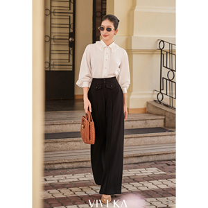 Pantalon de bureau décontracté élégant pour femme, taille haute, coupe droite, noir, avec détail poches à rabat, en polyester et élasthanne OWEN - Product Image 2