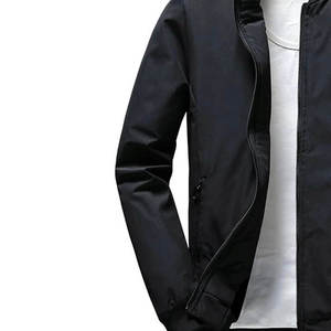 Men's Black Bomber Jacket Solid Colour <b>Covered</b> <b>Button</b> Closure Square Collar Casual Windproof Polyester Long Thin Embroidered - Product Image 2