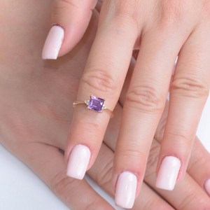 Bague de fiançailles en améthyste, argent sterling 925, plaqué or 14 carats, pierre précieuse violette certifiée, cadeau - Product Image 5
