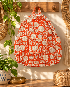 Gorgeous Orange Floral Quilted Backpack Handmade Cotton <b>Bag</b> Boho Indian Style Travel Backpack Lightweight Everyday Carry - Product Image 1