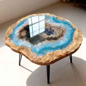 Table basse de luxe aspect cristal, écologique, en résine époxy faite à la main, style géode turquoise, table d'appoint moderne, décoration intérieure noire, artisanat - Product Image 5