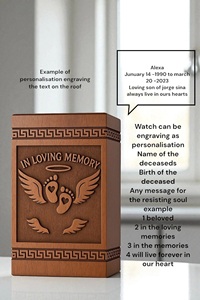 Urna de Madera Estilo Americano Hecha a Mano para Cenizas de Cremación, Árbol de la Vida y Alas de Ángel Grabadas, Ecológica y Personalizada - Product Image 2