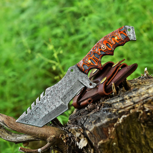Cuchillo de Caza y Supervivencia de Acero de Damasco Hecho a Mano, Nuevo, con Mango de Cuerno de Toro, Hoja Fija de Espiga Completa de 6 Pulgadas, Ambidiestro y Duradero - Product Image 6