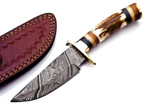 Couteau à Découper en Acier Damas Forgé à la Main, Manche en Bois de Cerf, Lame Fixe à Queue de Rat, avec Embout en Laiton et Étui en Cuir, Personnalisé OEM - Product Image 3