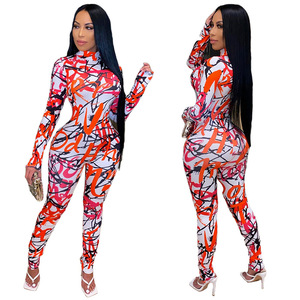 Combinaison imprimée à col haut et manches longues pour femme, coupe ajustée, en spandex et polyester, tenue de club, printemps-été - Product Image 5