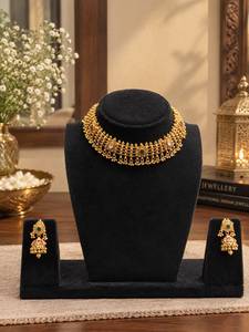 TISHYA Round Brilliant Cut <b>Gold</b> Plated Imitation Pearl Necklace and <b>Earring</b> <b>Set</b> with Tassel Design for Women's Wedding Jewelry - Product Image 1