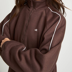Contrast Piping <b>Women's</b> Pullover Mock Collar <b>Quarter</b> <b>Zip</b> Hoodies & Wide Sweatpants Sets Bulk Manufacturer Custom Logo Fleece OEM - Product Image 3