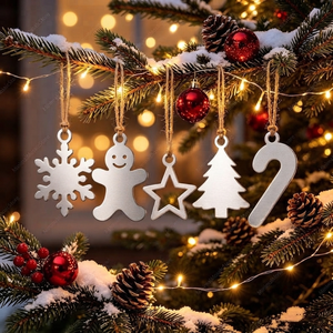 Ornements de Noël artisanaux en métal argenté, présentant des formes de flocon de neige, bonhomme en pain d'épices, étoile, arbre et canne en sucre pour une décoration festive - Product Image 1