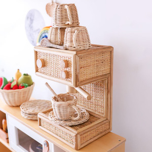 Juguetes educativos de gran venta para niños, cafetera de juguete de ratán tejida a mano, juego de simulación de cafetería - Product Image 1