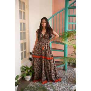 Vestido Maxi Holgado de Punto con Estampado Floral Gótico Bohemio para Mujer, Cuello en V, Manga Corta, Cintura Natural, Precio Más Bajo - Product Image 4