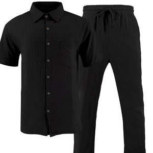 Conjunto de 2 Piezas de Ropa Informal de Lino Sólido para Hombre, Camisa de Manga Larga con Botones y Pantalones, Estilo Casual para Primavera - Product Image 1