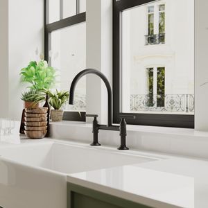 ก๊อกน้ำห้องครัวสีดำด้านแบบทันสมัยจับคู่2หลุมพร้อม360หมุนพวยสะพานสไตล์สำหรับก๊อกน้ำอ่างล้างจาน - Product Image 4