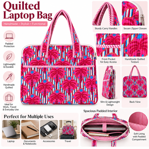 Handmade Quilted Laptop <b>Bag</b> Cotton Kantha Style Padded <b>Computer</b> Tote <b>Bag</b> with Zipper Closure Colorful Printed Textile Travel <b>Bag</b> - Product Image 6
