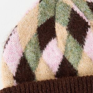 Gorro de punto para mujer con diseño de rombos argyle, marrón, con puño plegado, estilo arlequín, gorro térmico cálido para invierno, informal - Product Image 3