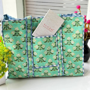 Customized Quilted Cotton Vintage Floral Quilted Large Capacity Ruffle Tote <b>Bag</b> Handprinted <b>Boho</b> Shopping Tote <b>Bag</b> for Women - Product Image 1