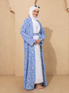 Women's Blue Paisley Print Abaya Floor Length Loose Fit Long Sleeve Modest Daily Wear Middle East Style Polyester Summer <b>Dress</b> - Product Image 1
