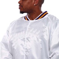 Veste de baseball en satin blanc pour homme, col rayé violet et orange, boutons sur le devant, veste bomber à manches longues, veste d'hiver pour homme, adultes