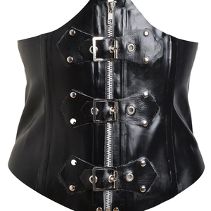 Robe moulante en cuir PU rouge avec corset noir à la taille, col haut, manches longues, tenue de club sexy pour adultes - Product Image 5