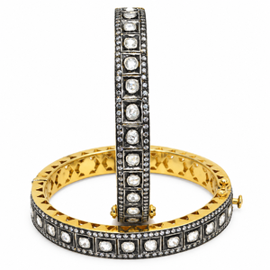 Pulsera Kada de Plata de Ley 925 Chapada en Oro de Lujo Tradicional para Mujer con Polki Blanco y Filigrana - Product Image 5