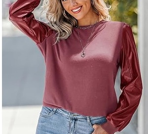 OEM Hot Sale Cheap Price <b>LOW</b> MOW Solid Color Plain Genuine Leather Sleeved T-Shirts Plus Size Long Leather Sleeved Tees Shirts - Product Image 4